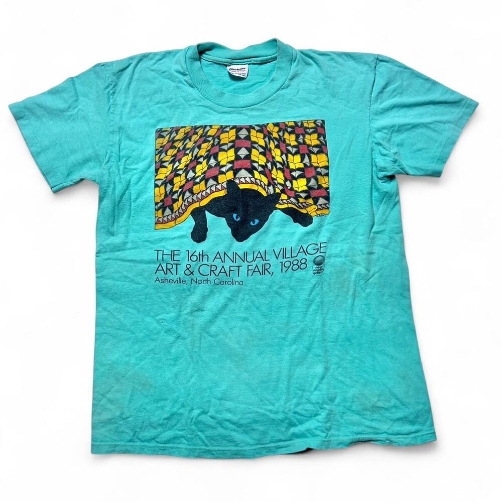 Village Art & Craft Fair Asheville NC Vintage 80s Black Cat Quilt T-shirt Large
